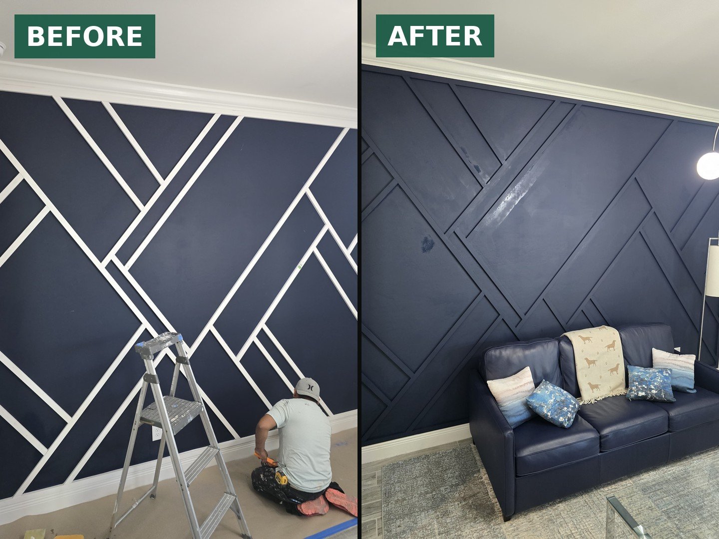 Before and after: geometric trim accent wall finished in navy