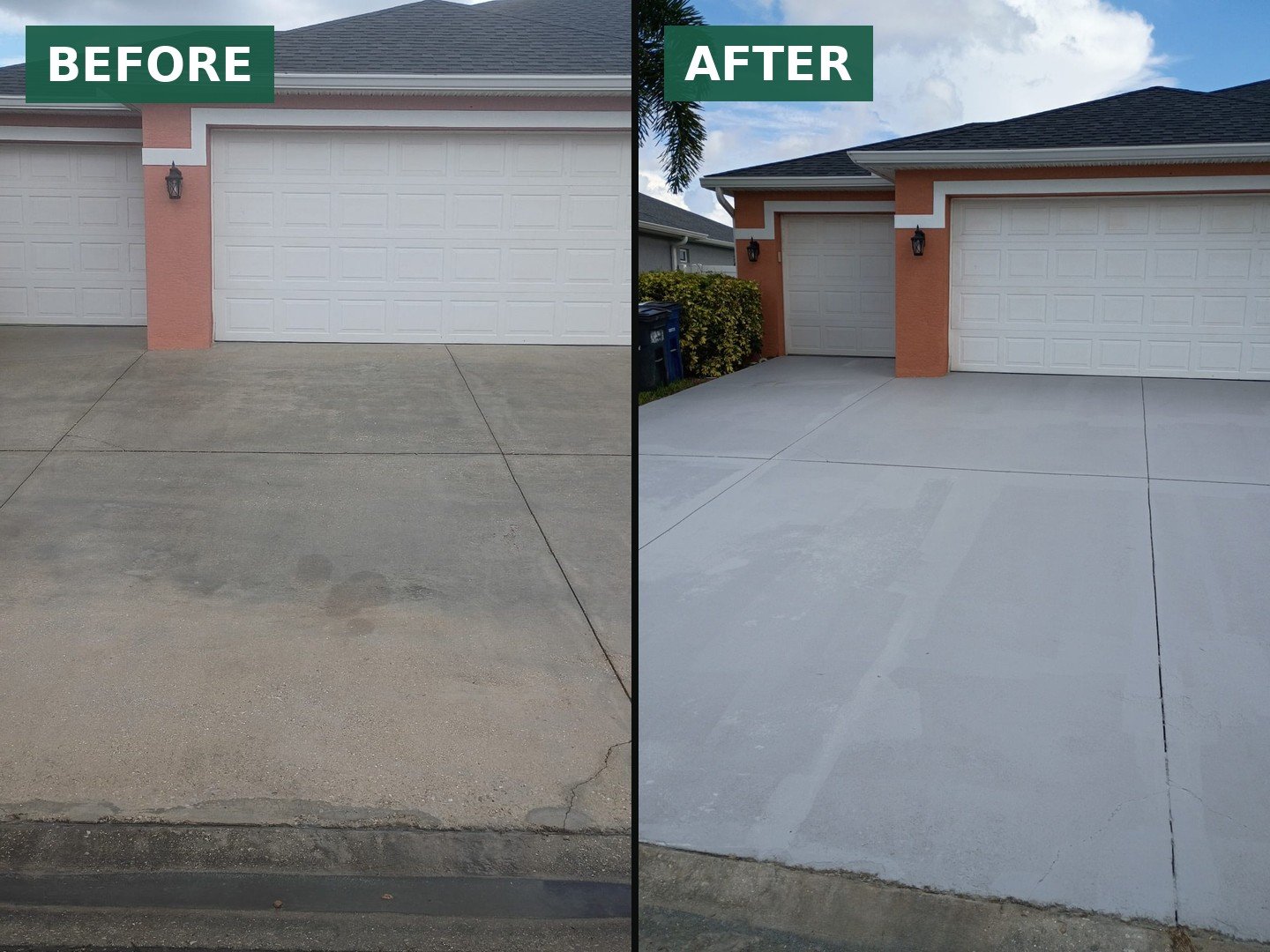 Before and after: stained driveway cleaned, prepped and coated