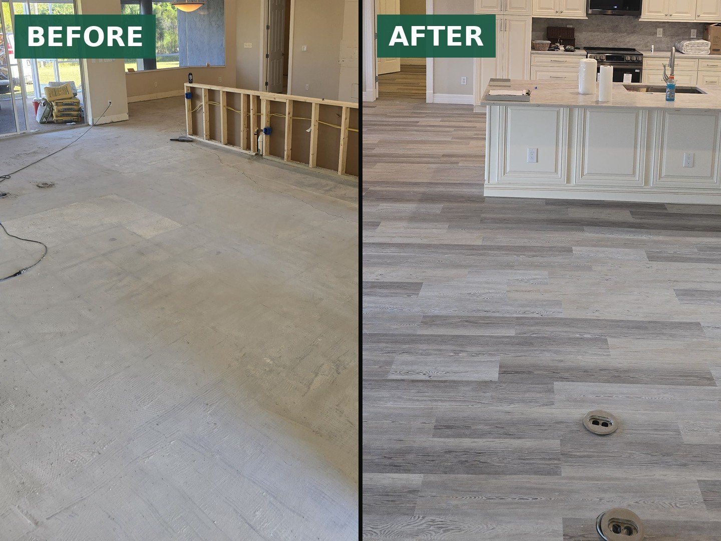 Before and after: bare concrete slab replaced with luxury vinyl plank flooring