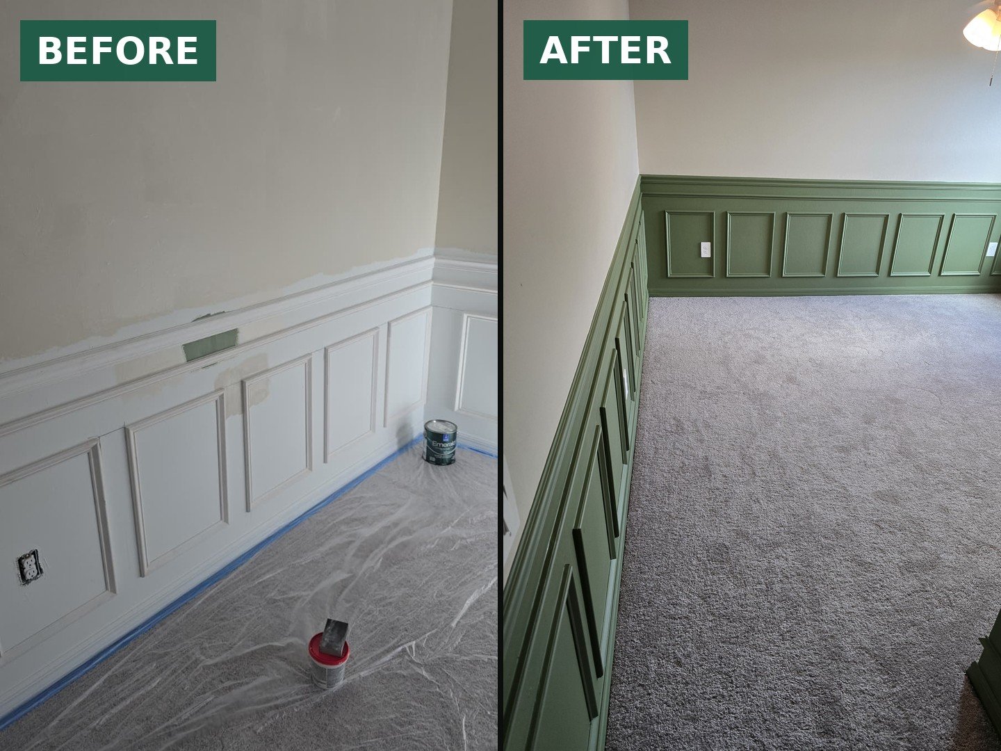 Before and after: wainscoting and trim repainted in sage green